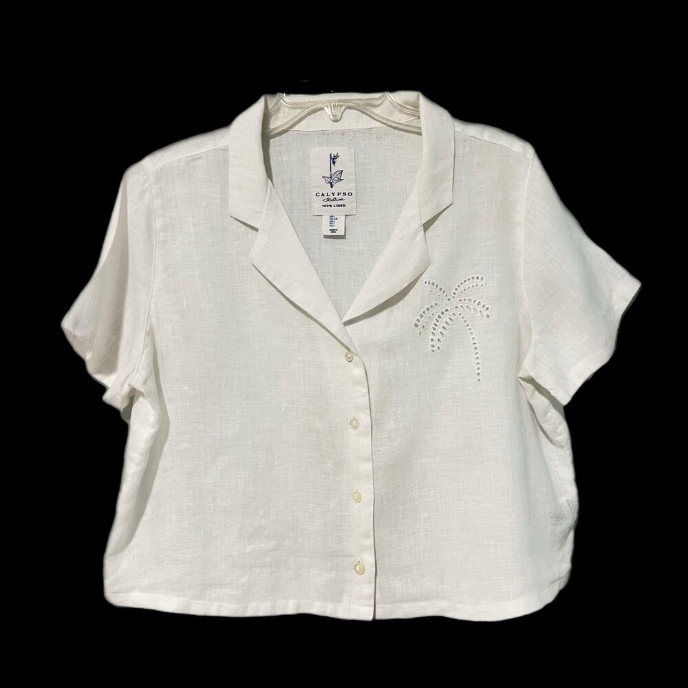 Calypso St. Barth 100% Linen Blouse Women L Embroidered Coastal Boho Minimalist